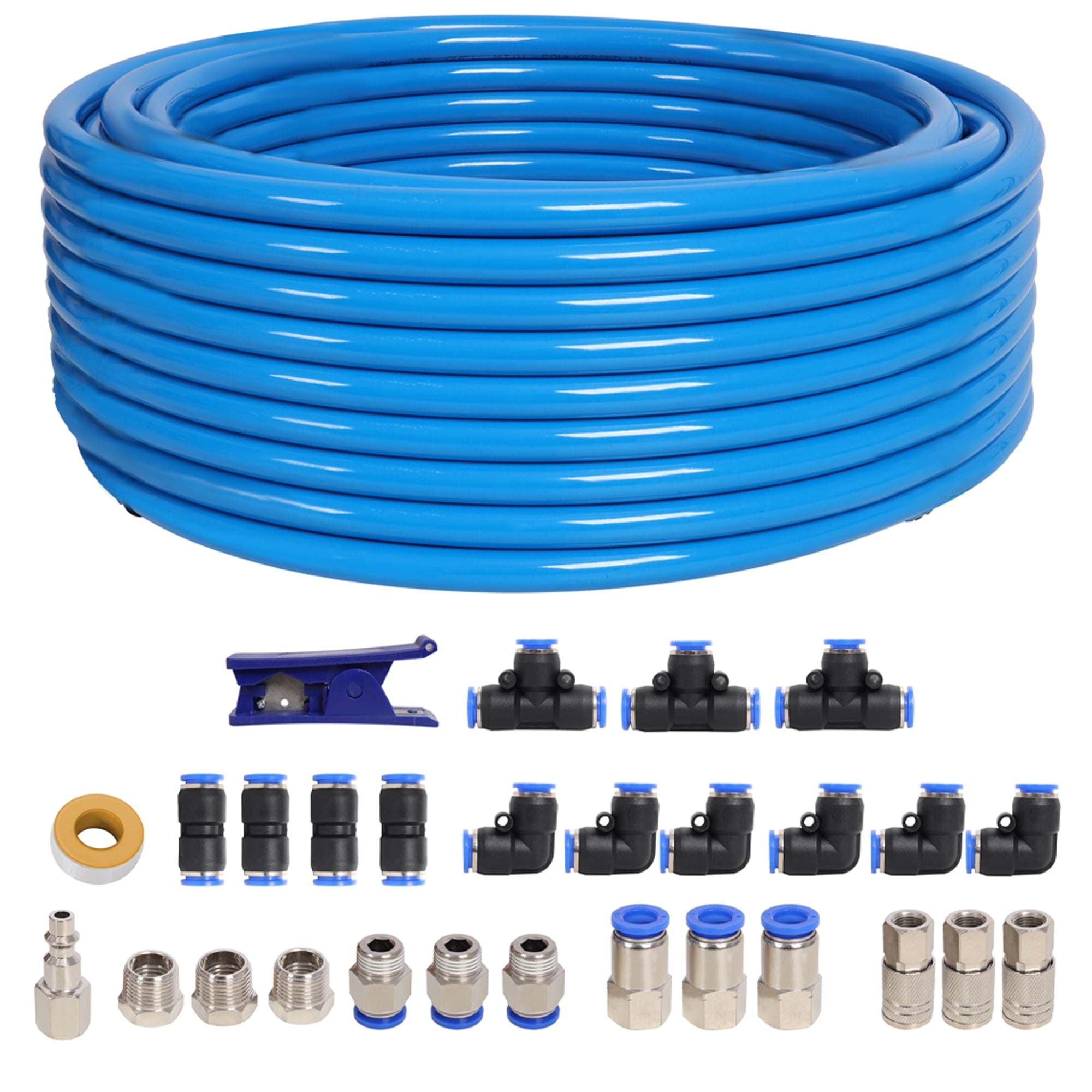 1/2 Inch OD×60 Feet PU Air Tube Kit,Garage Air Compressor Accessories Kit,Industrial Type Quick Connect Coupler and Plug,Blue Tubing