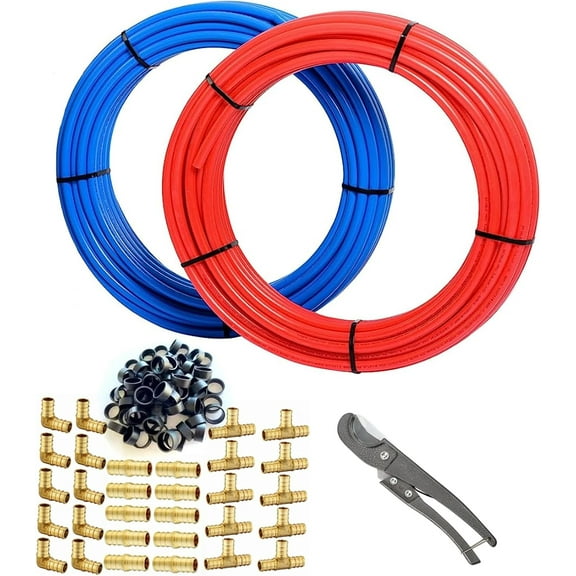1/2 Inch PEX-B Pipe, 200 ft Length, Blue & Red Each 100 ft, with 30 Pcs Brass Fittings & 100 Pcs Copper Crimp Rings