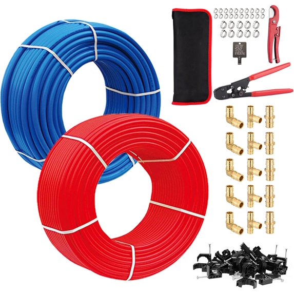 1/2 Inch PEX-B Pipe, 2x100FT Pex B Tubing with 1/2" Brass Pex Fittings:15PCs Elbow&Coupling&Tee(5 Each), with J-Clamp and Cinch Clamp Rings, Pipe Cutter,Clamp Tool,Red&Blue