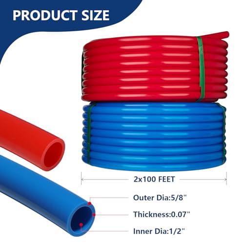 1/2 Inch PEX-B Pipe, 2x100FT Pex B Tubing with 30PCs 1/2" PPSU Poly Pex Fittings: Elbow&Coupling&Tee(10 Each),Pipe Cutter,200 Feet in Red&Blue