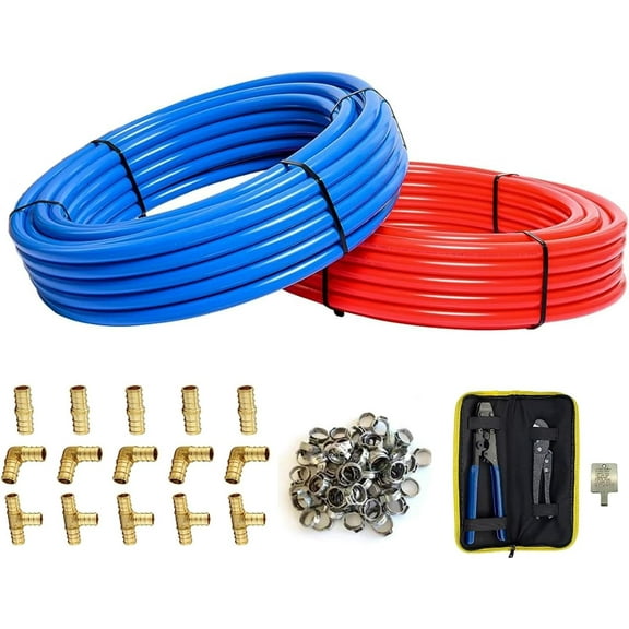 1/2 Inch PEX-B Pipe/Tool Kit,2 Rolls Blue & Red Each 75 Feet (150ft) PEX Tubing, 1/2" Crimp Brass Fittings-Elbow Tee Coupler(15 PCS), 1/2" Cinch Clamps (50 PCS), Clamping Tool with Pipe Cutter