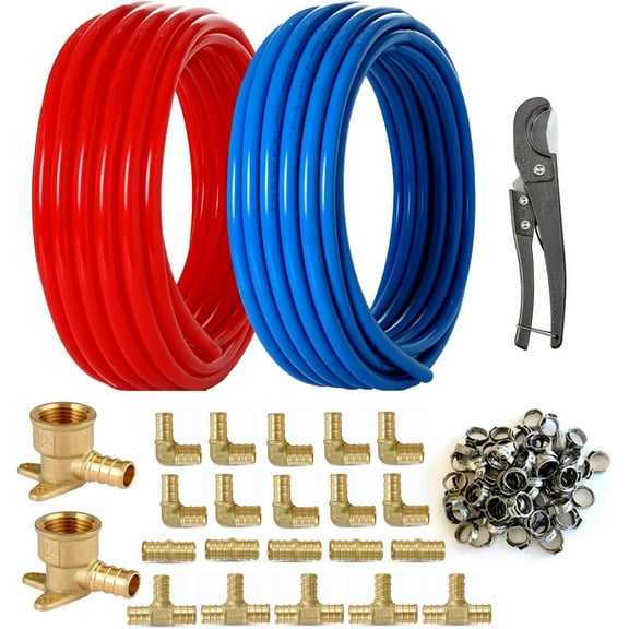 1/2 Inch PEX-B Pipe/Tool Kit: Blue & Red Each 100 Feet PEX Tubing with 62 Pack PEX Fittings - 40 Pcs Pex Stainless Steel Clamps, 2 Drop-Ear Elbow, 10 Elbow, 5 Tee, 5 Coupling