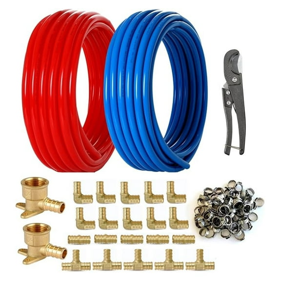 1/2 Inch PEX-B Tubing Kit - 200ft PEX Pipe (Blue & Red) with Fittings & Cinch Clamps - for Radiant Heat, Hot & Cold Water, Plumbing & HVAC