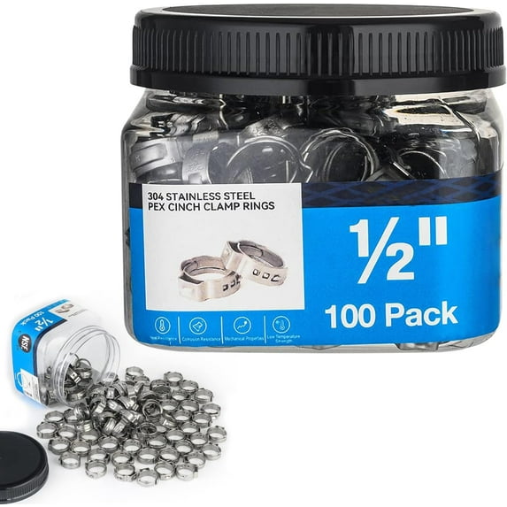1/2 Inch PEX Cinch Clamp Rings, 100 Pack Stainless Steel Crimp Ring for PEX Pipe Tubing