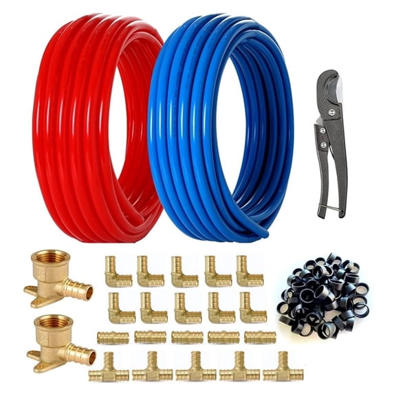 1/2 Inch PEX Tubing Kit - 200ft PEX Pipe (Blue & Red) with 62pc Fittings - PEX-B Pipe for Hot & Cold Water, Radiant Heat, Floor Heating
