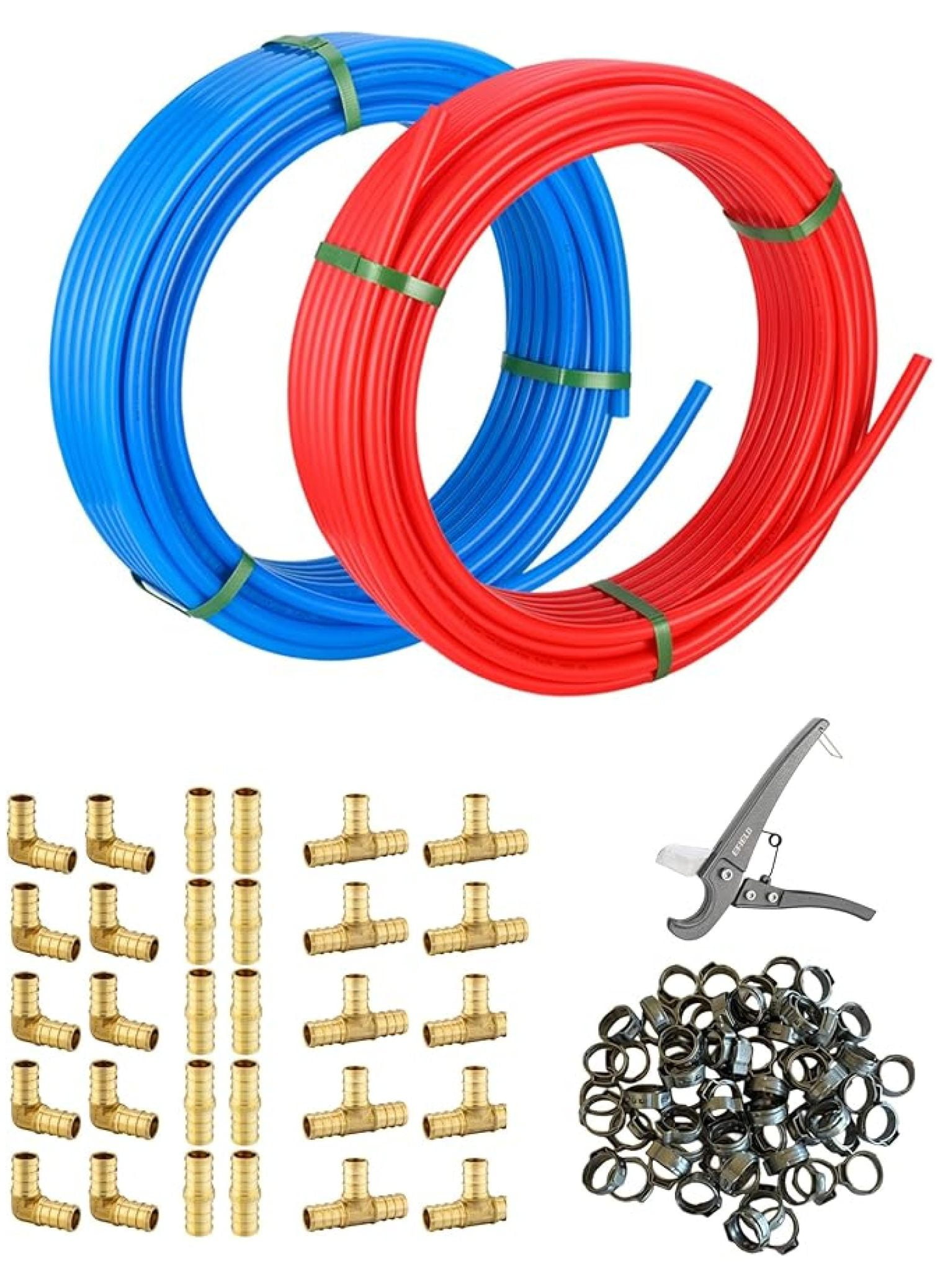 1/2-Inch Pex-b Pipe 2x 100 ft (200 Ft), 30 Pcs 1/2" Pex Crimp Brass Fittings, 100 Pcs 1/2" Cinch Clamps and Pipe Cutter,(130KIT)