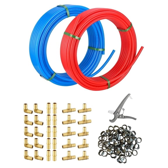 1/2-Inch Pex-b Pipe 2x 100 ft (200 Ft), 30 Pcs 1/2" Pex Crimp Brass Fittings, 100 Pcs 1/2" Cinch Clamps and Pipe Cutter,(130KIT)
