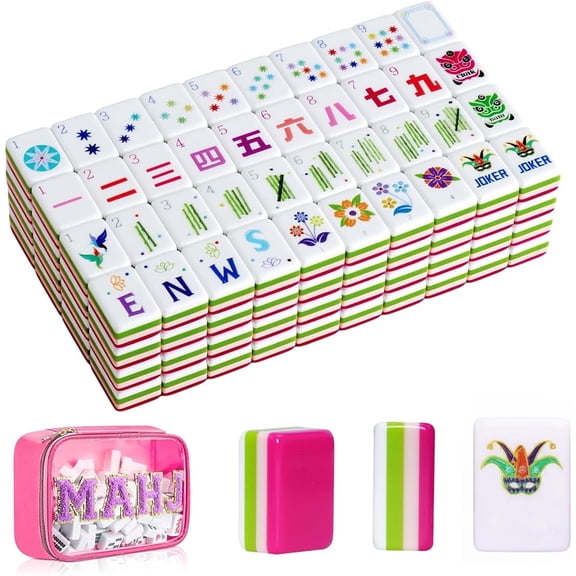 1.2 Inch Pink American Mahjong Tile Set 160 Tiles, Portable Travel Mahjong Game with 4 Racks Pushers & Carry Bag, Acrylic 4-Layer Mahjong Tiles Gift for Mahjong Lovers Women