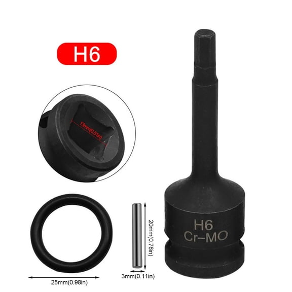 1/2 Inch Pneumatic Wrench Drive Impact-Socket Set Hex Bits Hexagon Screw Socket Lengthened H4 H5 H6 H7 H8 H9 H10 H12, H6
