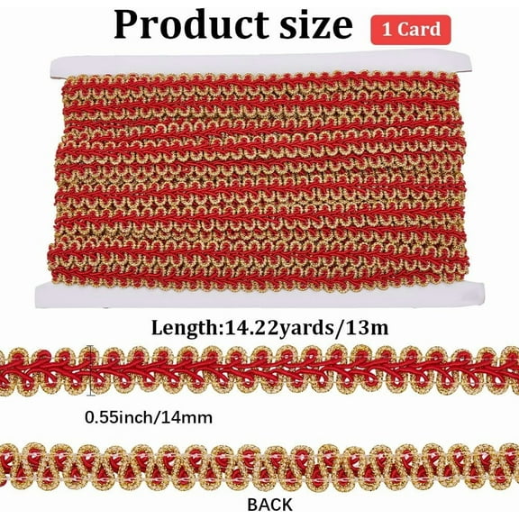 1/2 Inch Red Gimp Braid Trim Gold Metallic Glitter Woven Lace Trimming Polyester Upholstery Decorative Fabric Ribbon for Sewing Making Crafts Curtain Decor Clothing Embellishment DIY