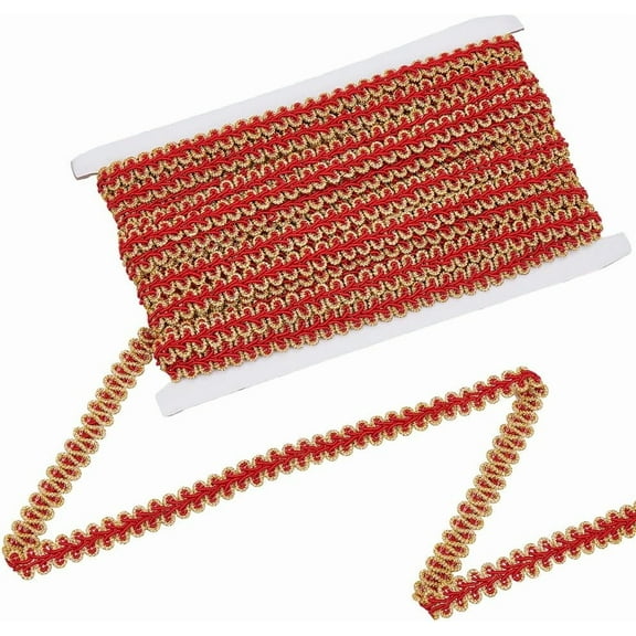 1/2 Inch Red Gimp Braid Trim Gold Metallic Glitter Woven Lace Trimming Polyester Upholstery Decorative Fabric Ribbon for Sewing Making Crafts Curtain Decor Clothing Embellishment DIY