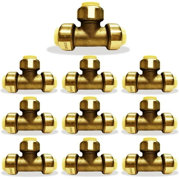 1/2 Inch Tee - Push Fit Plumbing Tee - Push to Connect Brass Plumbing Fittings - Fitting to Connect PEX, Copper, CPVC (Pack of 10)