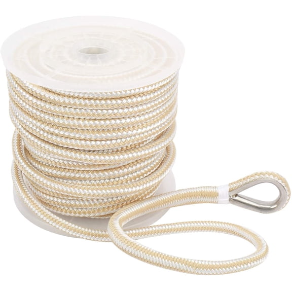 1/2 Inch X 100 Feet Double Braid Nylon Anchor Line with Stainless Steel Thimble and Plastic Chuck (White/Gold)