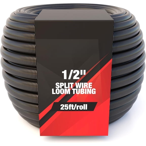 1/2 Inch x 25ft Split Wire Loom Tubing, Split Sleeve Cord Protector for Industrial Electrical Wires, Automotive Wire Cover Flexible, High Temperature Conduit, Wrap
