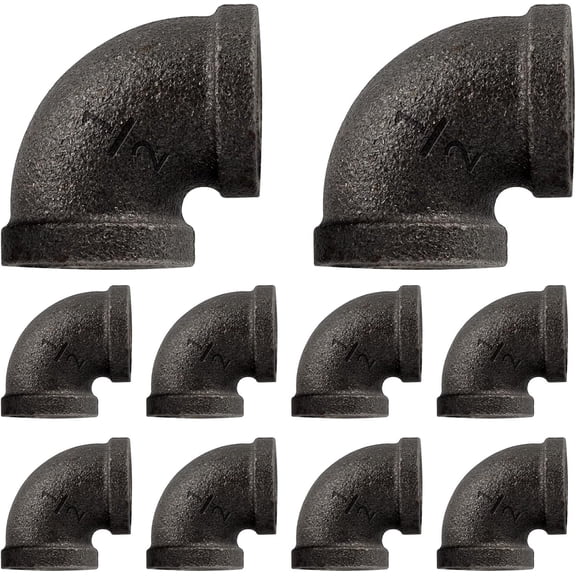 1/2 in Malleable Iron Pipe Elbows, 10 Pack Threaded Fittings | Durable malleable iron threaded elbows, vintage steampunk industrial design for DIY furniture pipe projects