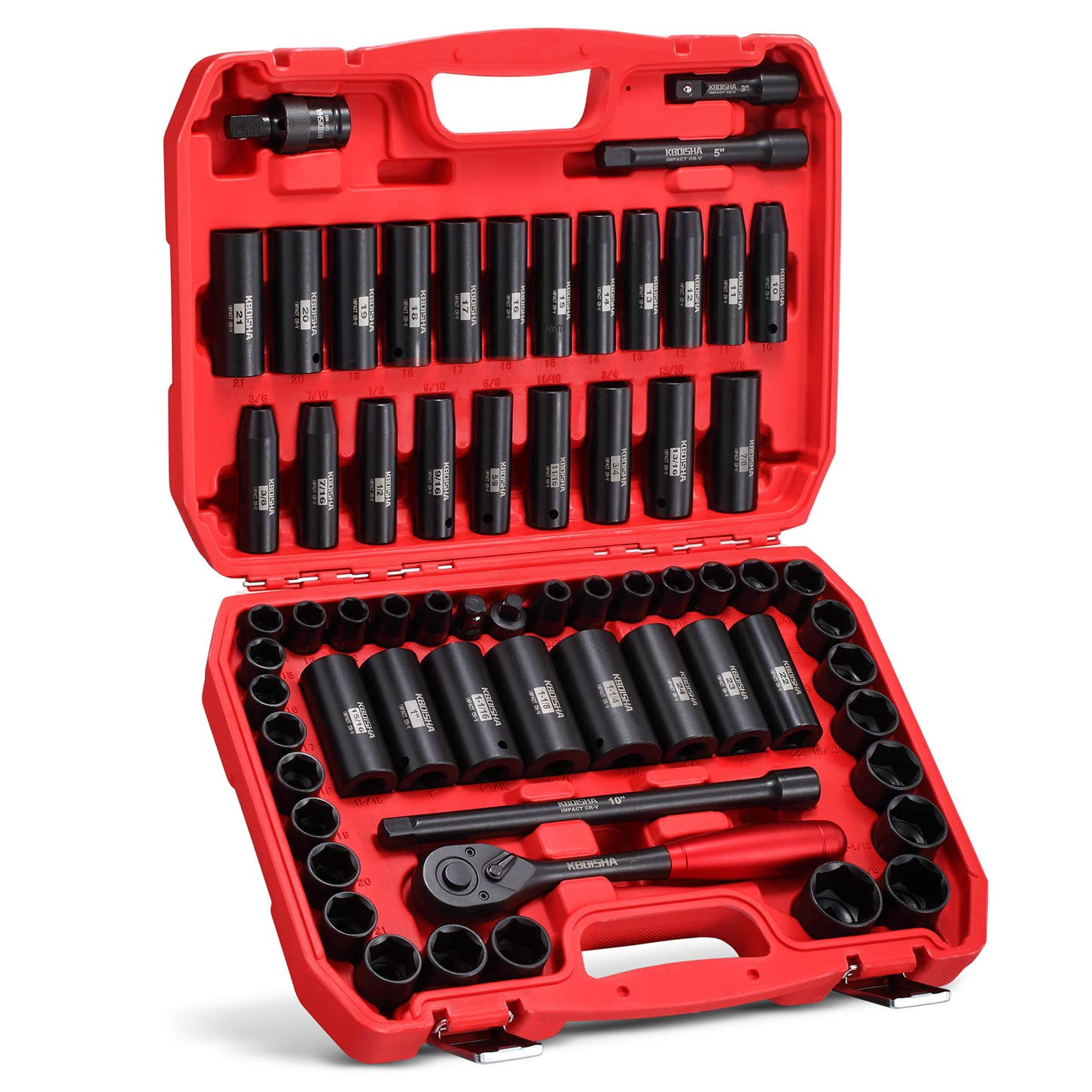 1/2" Master Drive Impact Socket Set,65-Piece 6 Point Socket Set Standard SAE and Metric Sizes CR-V Steel Sockets with Adapters & Ratchet Handle