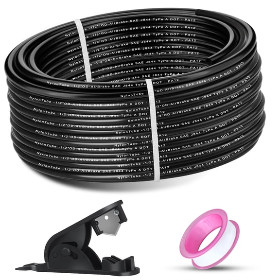 1/2" OD x 100FT DOT Air Line Tubing Kit Black SAE J844 PA12 Nylon Air Brake Hose with Cutter and Teflon Tape for Trailer Trucks RV Braking Systems or Fluid Transfer