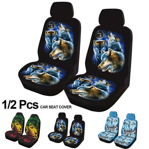 1/2 PCS Universal Car Seat Covers Wolf Printed Front Seat Protector Wolf Lion Animal Print Design Washable Auto Seat Cover Protector Fit Most Car,Truck,SUV,or Van
