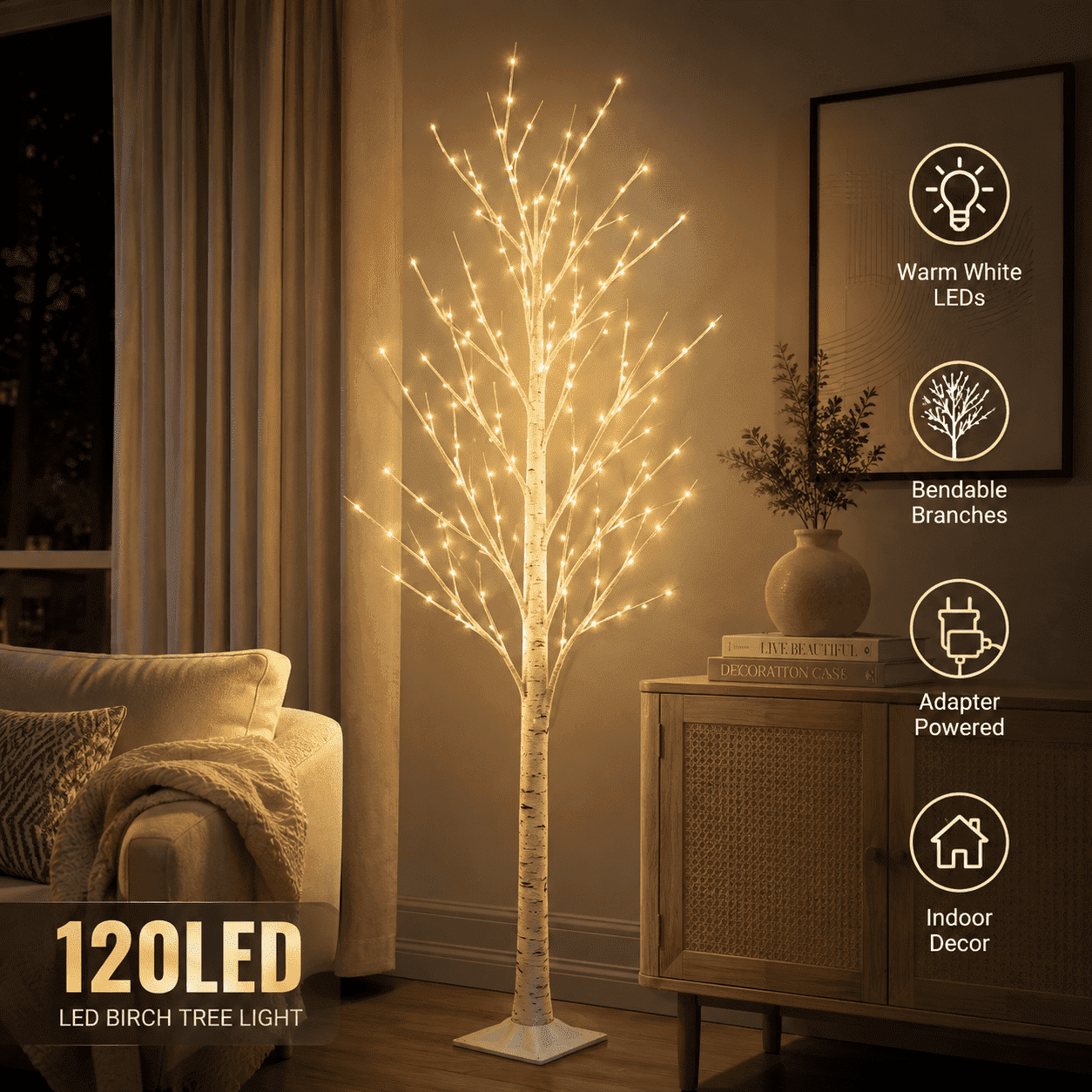 Customizable Led Tree 1/2 Pack 120 LED Lighted Artificial White 6FT Birch Tree, Indoor ...