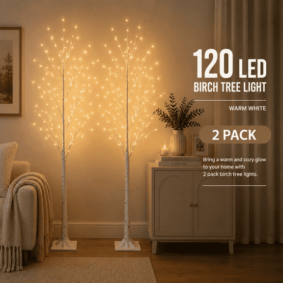 1/2 Pack 120 LED Lighted Artificial White 6FT Birch Tree, Indoor Decorative Tree with Flexible Branches, Pre-Lit Tree for Bedroom, Living Room, Entryway, Fireplace, Christmas, Wedding, Thanksgiving