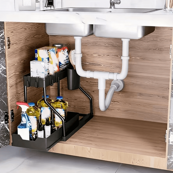 1 Pack 2-Tier Under Sink Storage Organizer, Pull Out Sliding Cabinet Basket with Detachable Hooks, Anti-Slip Metal Multi-Purpose Storage Shelf, Space Saver Rack for Kitchen Spices, Utensils & Bathr