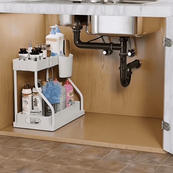 1 Pack 2-Tier Under Sink Storage Organizer, Pull Out Sliding Cabinet Basket with Detachable Hooks, Anti-Slip Metal Multi-Purpose Storage Shelf, Space Saver Rack for Kitchen Spices, Utensils & Bathr