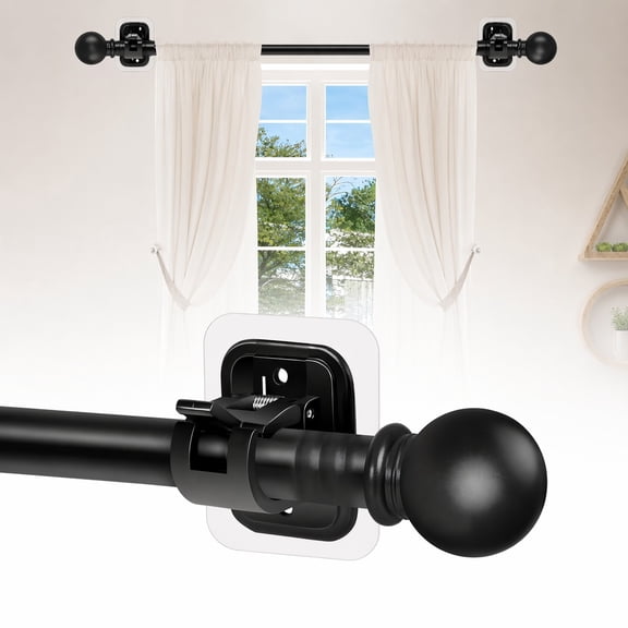 Curtain Rods 42 to 120 Inch No Drilling for Windows 40-110 Inch, Adjustable Length Heavy Duty Diameter 7/8 inch, Ball Finials, Black