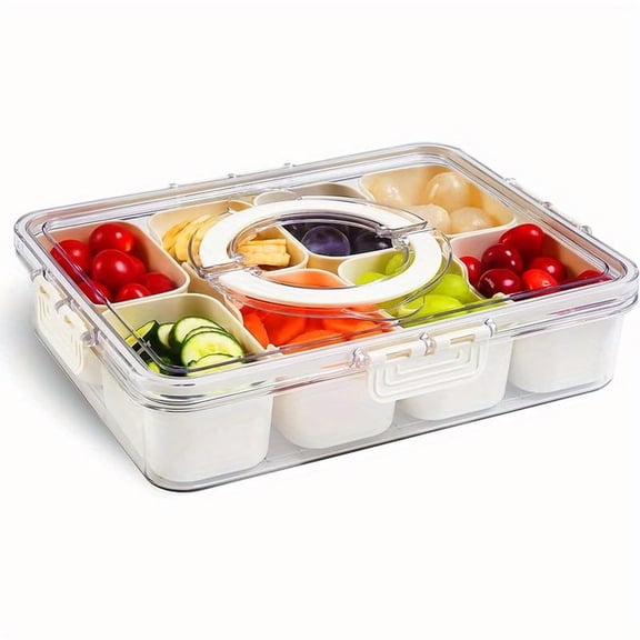 1/2-Pack Divided Serving Tray with Lid & Handle - 8-Compartment Freezer- Plastic Snack Container, Clear Portable Snackle Box with Snap-Fit Lid for Fruits, Veggies, Salad, Nuts