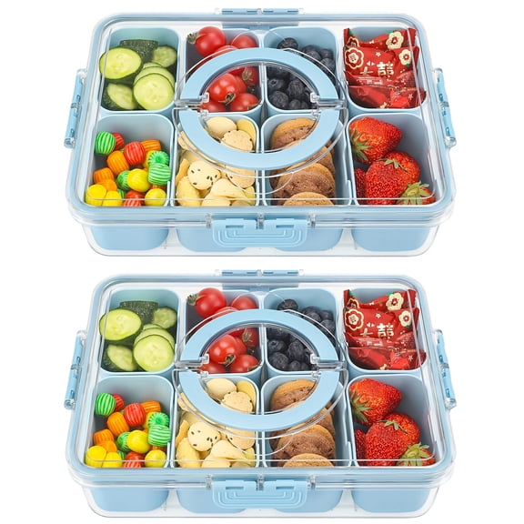 1/2-Pack Divided Serving Tray with Lid & Handle - 8-Compartment Freezer- Plastic Snack Container, Clear Portable Snackle Box with Snap-Fit Lid for Fruits, Veggies, Salad, Nuts