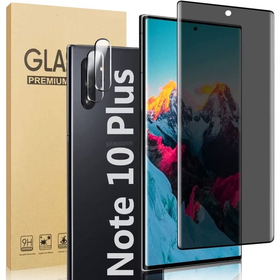 [1+2 Pack] Galaxy Note 10 Plus Privacy Screen Protector and Camera Lens Film, [3D Full Coverage] [Anti Spy] [9H Hardness] Tempered Glass Protector for Samsung Galaxy Note 10 Plus 6.8 Inch