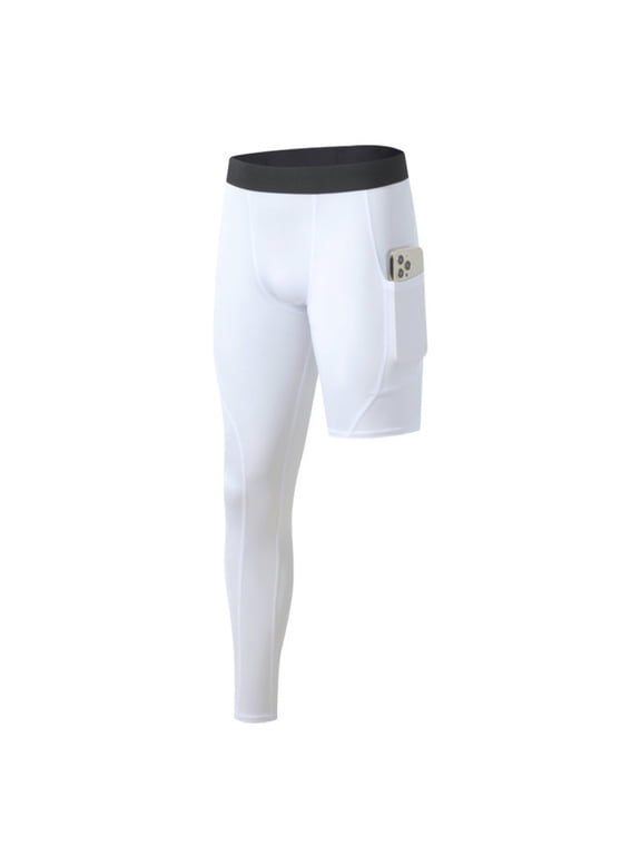 Mens Compression Pants Single Leg Tight Sports Long Pants with Pockets for Basketball Base Layer Leggings S-3XL