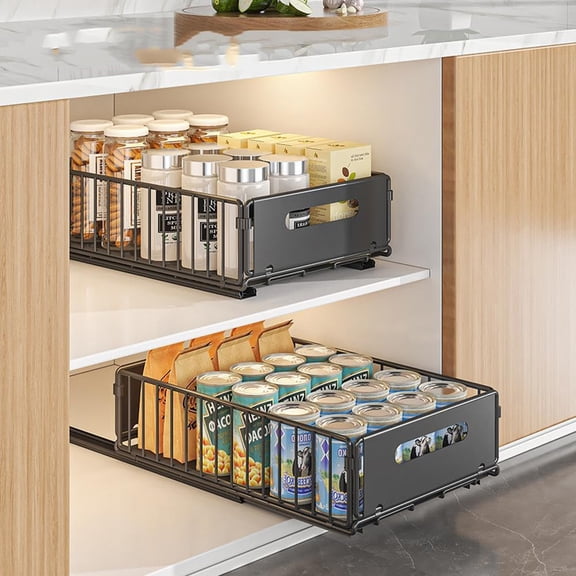 1/2 Pack Pull Out Cabinet Organizer, Heavy Duty Slide Out Drawers for Cabinets, Expandable Kitchen Drawers,Adhesive Organization and Storage for Kitchen,Cupboard,Pantry