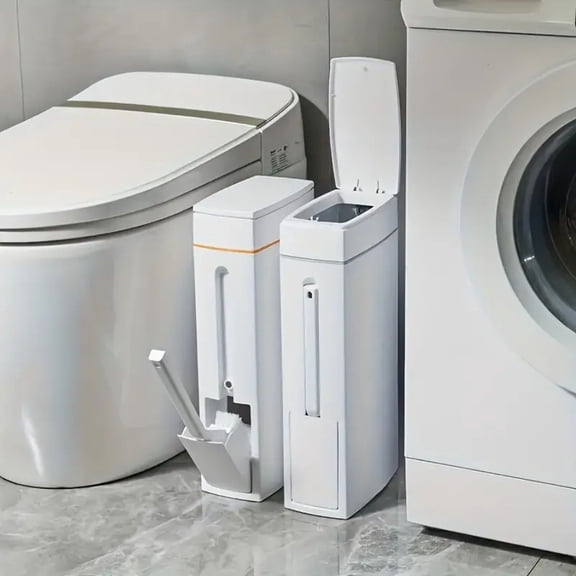 1/2-Pack Slim Rectangular Bathroom Trash Can with Brush - Durable Plastic, Space-Saving for RV/Camping