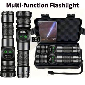 1/2 Pack Super Bright Rechargeable COB LED Flashlight, 5 Lighting Modes with Digital Display, USB Charging Durable ABS Tactical Light for Camping, Hiking and Emergencies