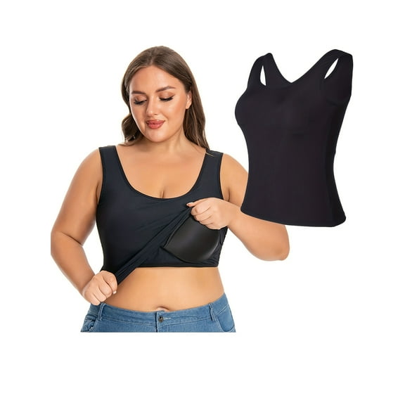 1/2 Pack Women's Plus Size Tank Tops with Buit-in Bra, Women's Camisole Seamless Compression Tank Top Shapewear Body Shaper Base Layer Undershirt Underwear Tops, XL-4XL