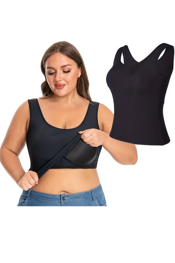 1/2 Pack Women's Plus Size Tank Tops with Buit-in Bra, Women's Camisole Seamless Compression Tank Top Shapewear Body Shaper Base Layer Undershirt Underwear Tops, XL-4XL