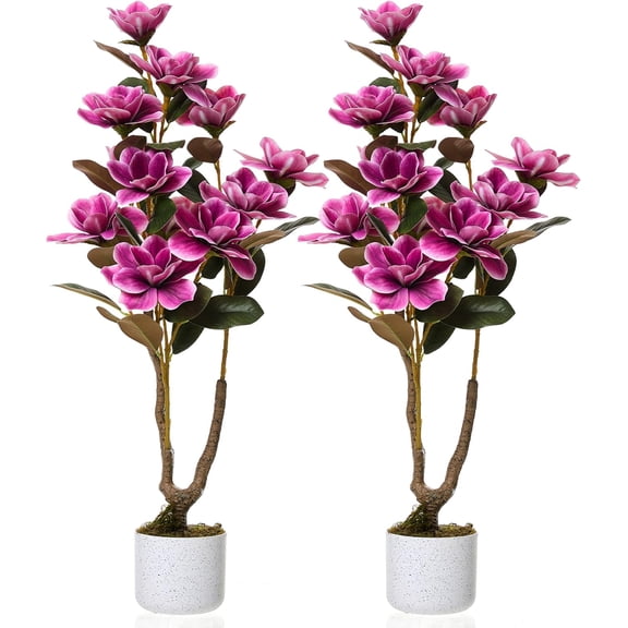 1/2 Pc Artificial Magnolia & Orchid Trees in Pot, PEVA Polyester Faux Plants with White Planter, 24/31/37" for Home Office Decor