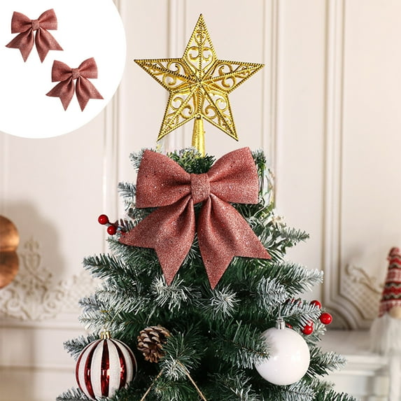 Under $1 2 Pcs Christmas Bows 5.9×4.7" Large Christmas Tree Topper Bow Glitter Red Bows for Wreaths Stairs Fireplace Gift Wrapping Xmas Party Supplies(Pink)