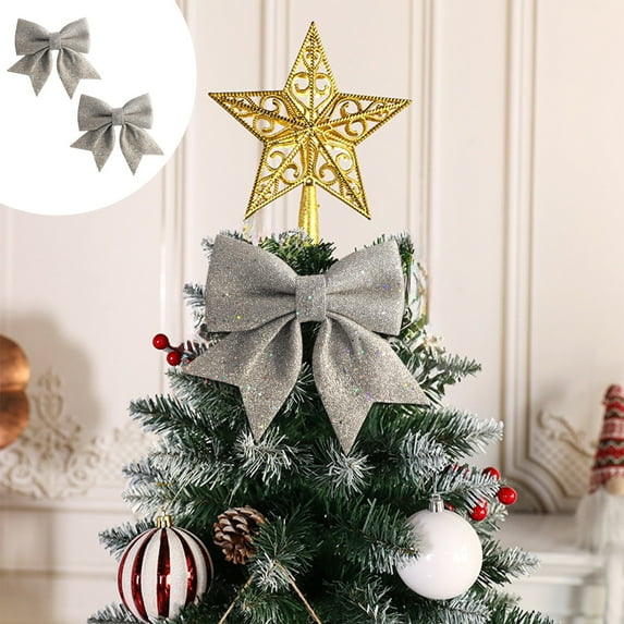 Under $1 2 Pcs Christmas Bows 5.9×4.7" Large Christmas Tree Topper Bow Glitter Red Bows for Wreaths Stairs Fireplace Gift Wrapping Xmas Party Supplies(Silver)