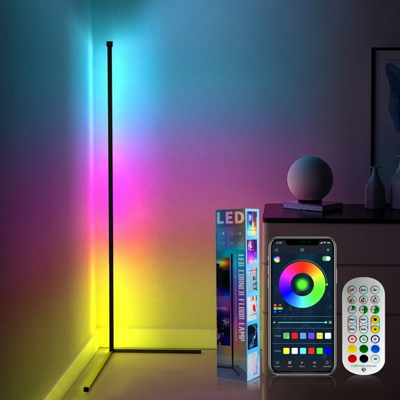 1/2 Pcs RGB LED Corner Floor Lamp – Color Changing Light with APP & Remote Control, 4 Music Modes, Adjustable Speed/Brightness, USB Powered, Mood Lighting for Bedroom, Living Room, Parties