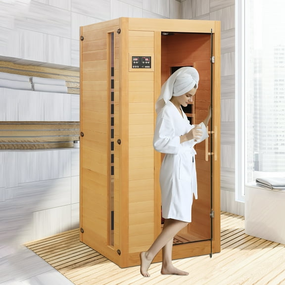 1-2 Person Far Infrared Sauna For Home, Canadian Hemlock Wood Low EMF Heaters Panels Indoor Saunas With LED Control Panel, Tempered Glass Door