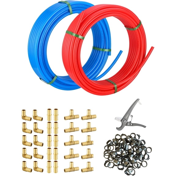 1/2" Pex-b Pipe 2x 100 ft (200 Ft) Tube Kit | 30 Pcs 1/2" Pex Crimp Brass Fittings, 100 Pcs 1/2" Cinch Clamps & Pipe Cutter