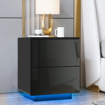 1/2 Pieces LED Nightstand, 2 Drawers Bedside End Table with Remote RGB LED Light, High Gloss Wooden for Modern Bedroom/Living Room