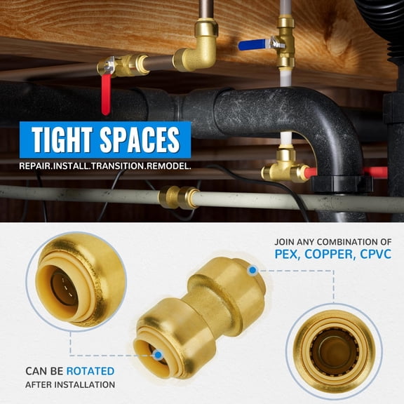 1/2" Plumbing Push-to-Connect Fittings - Pack of 12, Brass No Lead Couplings, Elbows, Tees, for PEX, Copper, CPVC Pipes