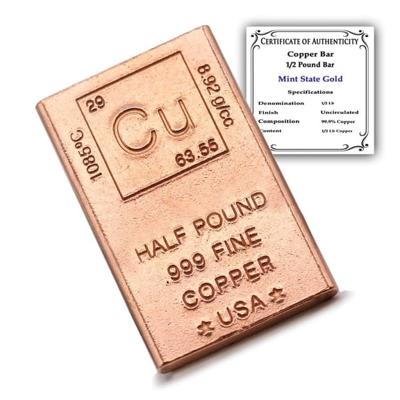 1/2 Pound Copper Bar (Flat Style) .999 Pure Paperweight with Periodic Table Element Design (Half Pound)
