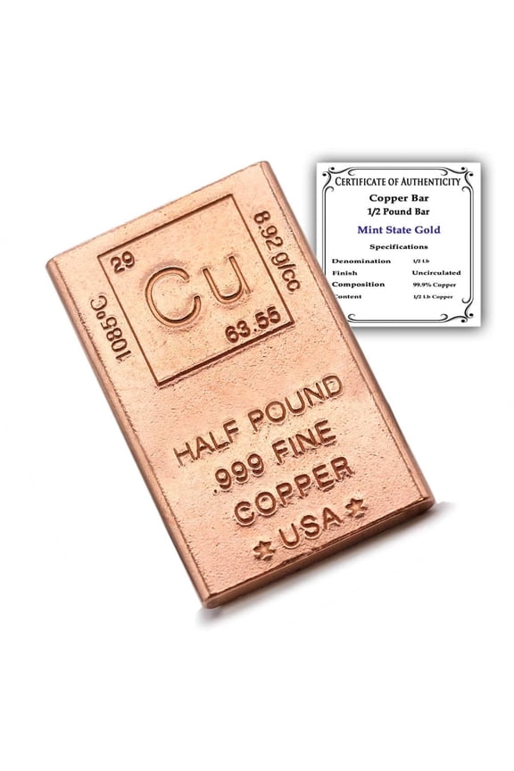 0.5 lb Copper Bar (Flat Style) .999 Pure Paperweight with Periodic Table Element Design (Half Pound)