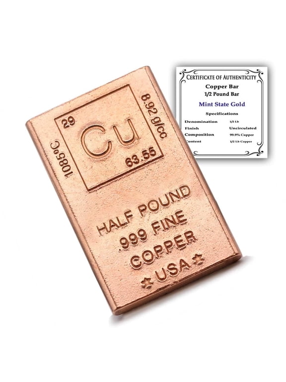 0.5 lb Copper Bar (Flat Style) .999 Pure Paperweight with Periodic Table Element Design (Half Pound)