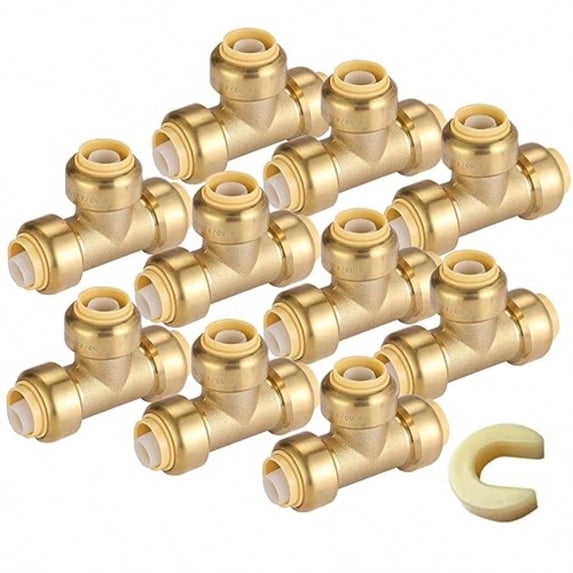 1/2 Pushfit Tee10 Pack PEX Brass Push-fit Tee with 1 Pack Disconnect Clip Push-to-Connect Plumbing Fittings for PEX Copper CPVC PF118-10Pack