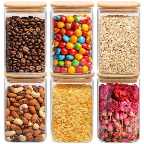 1.2 QT Glass Storage Containers with Lids, Glass Jars with Lids, Clear Food Jar, Square Canister Set of 6, Pantry Organizers and Storage for Cookie Flour Oat Pasta Tea Coffee Bean