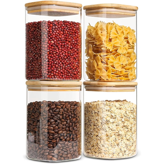 Glass Storage Containers with Lids, 1.2 Qt Glass Jars with Lids, Clear Food Storage Jar, Canister For Pantry Cookie Flour Cereal Rice Sugar Tea Coffee Beans Spice, Square Set of 4